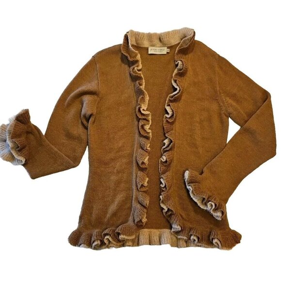 Baby Alpaca Sweater Womens L Beige Brown Ruffled Long Sleeve Cardigan Peru Fibra - Picture 6 of 10